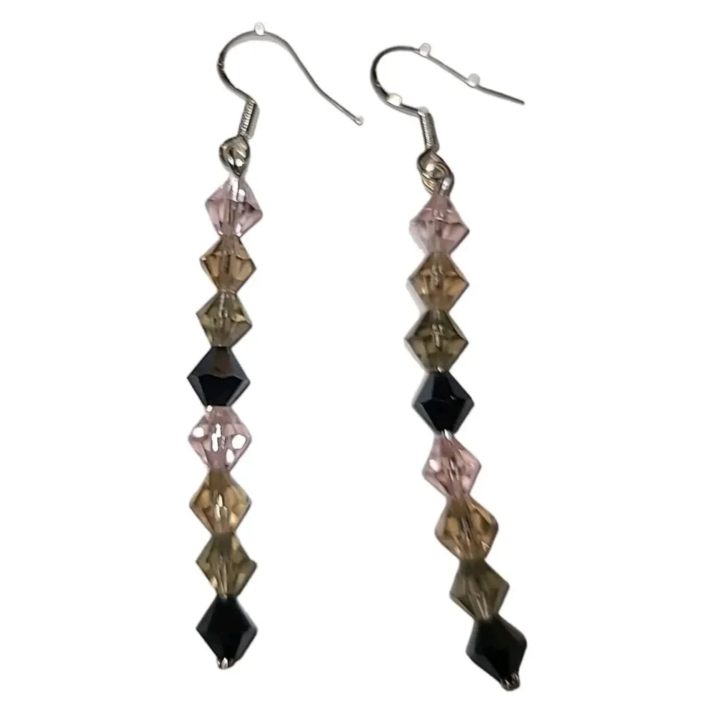 Sterling‎ Silver 925 Black Champagne & Pink Crystal Glass Drop Dangle Earrings